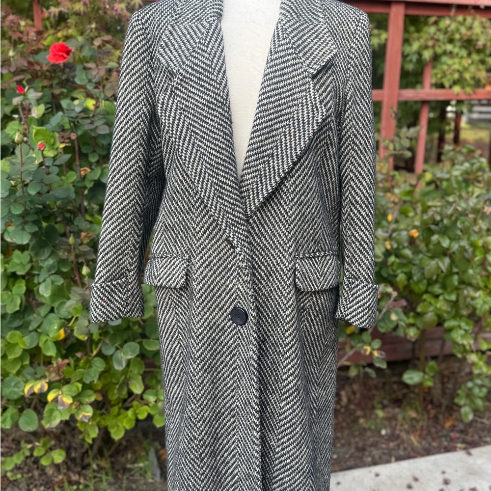 Vintage Black and White Herringbone Trench Coat